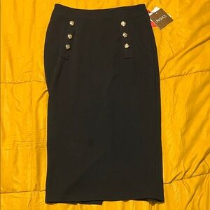 Chic Black Pencil Skirt with Gold Button Accents